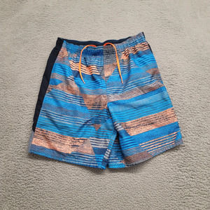 Nike Shorts Mens Large Blue Swim Trunks Lined Striped Geometric Swoosh‎ Logo